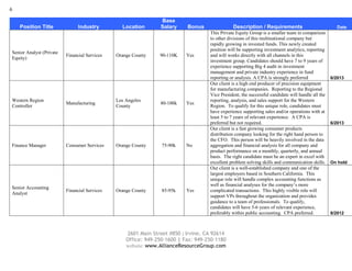 6
2601 Main Street #850 | Irvine, CA 92614
Office: 949-250-1600 | Fax: 949-250-1180
website: www.AllianceResourceGroup.com
Position Title Industry Location
Base
Salary Bonus Description / Requirements Date
Senior Analyst (Private
Equity)
Financial Services Orange County 90-110K Yes
This Private Equity Group is a smaller team in comparison
to other divisions of this multinational company but
rapidly growing in invested funds. This newly created
position will be supporting investment analytics, reporting
and will works directly with all channels in this
investment group. Candidates should have 7 to 9 years of
experience supporting Big 4 audit in investment
management and private industry experience in fund
reporting or analysis. A CPA is strongly preferred 6/2013
Western Region
Controller
Manufacturing
Los Angeles
County
80-100k Yes
Our client is a high end producer of precision equipment
for manufacturing companies. Reporting to the Regional
Vice President, the successful candidate will handle all the
reporting, analysis, and sales support for the Western
Region. To qualify for this unique role, candidates must
have experience supporting sales and/or operations with at
least 5 to 7 years of relevant experience. A CPA is
preferred but not required. 6/2013
Finance Manager Consumer Services Orange County 75-90k No
Our client is a fast growing consumer products
distribution company looking for the right hand person to
the CFO. This person will be heavily involved in the data
aggregation and financial analysis for all company and
product performance on a monthly, quarterly, and annual
basis. The right candidate must be an expert in excel with
excellent problem solving skills and communication skills. On hold
Senior Accounting
Analyst
Financial Services Orange County 85-95k Yes
Our client is a well-established company and one of the
largest employers based in Southern California. This
unique role will handle complex accounting functions as
well as financial analyses for the company’s more
complicated transactions. This highly visible role will
support VPs throughout the organization and provides
guidance to a team of professionals. To qualify,
candidates will have 5-6 years of relevant experience,
preferably within public accounting. CPA preferred. 8/2012
 
