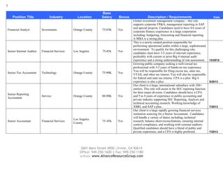 7
2601 Main Street #850 | Irvine, CA 92614
Office: 949-250-1600 | Fax: 949-250-1180
website: www.AllianceResourceGroup.com
Position Title Industry Location
Base
Salary Bonus Description / Requirements Date
Financial Analyst Investments Orange County 75-85K Yes
Global investment management company – this role
supports corporate FP&A, management reporting in SAP
and special projects. Candidates need to have 4-6 years of
corporate finance experience in a large corporation
including: budgeting, forecasting and financial reporting.
A MBA is a strong plus
Senior Internal Auditor Financial Services Los Angeles 75-85k Yes
This is a newly created position responsible for
performing operational audits within a large, sophisticated
environment. To qualify for this challenging role,
candidates must have 3-5 years of relevant experience,
preferably with current or prior Big 4 internal audit
experience and a strong understanding of risk assessment. 12/2012
Senior Tax Accountant Technology Orange County 75-90K Yes
Growing public company seeking a well-versed tax
professional with 3-5 years of hands-on tax experience.
You will be responsible for filing excise tax, sales tax,
VTAX, and other tax returns. You will also be responsible
for federal and state tax returns. CPA is a plus. Big 4
experience is also a plus. 5/2013
Senior Reporting
Accountant
Service Orange County 80-90K Yes
Our client is a large, international subsidiary with 100+
entities. This role will assist in the SEC reporting function
for their major division. Candidates should have a CPA
and 5 to 8 years of experience in public accounting and
private industry supporting SEC Reporting, Analysis and
technical accounting research. Working knowledge of
XBRL and SAP a plus. 7/2013
Senior Accountant Financial Services
Los Angeles
County
75–85k Yes
Our client is a large rapidly growing financial services
institution sourcing for a Senior Accountant. Candidates
will handle a variety of duties including; technical
research, balance sheet reconciliations, ensuring internal
control compliance, and working with external auditors.
Qualified candidates should have a blend of public and
private experience, and a CPA is highly preferred. 7/2013
 