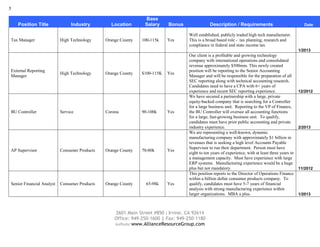 5

                                                                Base
    Position Title              Industry         Location       Salary     Bonus               Description / Requirements                             Date

                                                                                   Well established, publicly traded high tech manufacturer.
Tax Manager                High Technology     Orange County   100-115k    Yes     This is a broad based role - tax planning, research and
                                                                                   compliance in federal and state income tax
                                                                                                                                                    1/2013
                                                                                   Our client is a profitable and growing technology
                                                                                   company with international operations and consolidated
                                                                                   revenue approximately $500mm. This newly created
External Reporting                                                                 position will be reporting to the Senior Accounting
                           High Technology     Orange County   $100-115K   Yes
Manager                                                                            Manager and will be responsible for the preparation of all
                                                                                   SEC reporting along with technical accounting research.
                                                                                   Candidates need to have a CPA with 6+ years of
                                                                                   experience and recent SEC reporting experience.                  12/2012
                                                                                   We have secured a partnership with a large, private
                                                                                   equity-backed company that is searching for a Controller
                                                                                   for a large business unit. Reporting to the VP of Finance,
BU Controller              Service             Corona          90-100k     Yes     the BU Controller will oversee all accounting functions
                                                                                   for a large, fast-growing business unit. To qualify,
                                                                                   candidates must have prior public accounting and private
                                                                                   industry experience.                                             2/2013
                                                                                   We are representing a well-known, dynamic
                                                                                   manufacturing company with approximately $1 billion in
                                                                                   revenues that is seeking a high level Accounts Payable
                                                                                   Supervisor to run their department. Person must have
AP Supervisor              Consumer Products   Orange County   70-80k      Yes
                                                                                   eight to ten years of experience, with at least three years in
                                                                                   a management capacity. Must have experience with large
                                                                                   ERP systems. Manufacturing experience would be a huge
                                                                                   plus but not mandatory.                                          11/2012
                                                                                   This position reports to the Director of Operations Finance
                                                                                   within a billion dollar consumer products company. To
Senior Financial Analyst   Consumer Products   Orange County     65-98k    Yes     qualify, candidates must have 5-7 years of financial
                                                                                   analysis with strong manufacturing experience within
                                                                                   larger organizations. MBA a plus.                                1/2013



                                                   2601 Main Street #850 | Irvine, CA 92614
                                                   Office: 949-250-1600 | Fax: 949-250-1180
                                                   website:www.AllianceResourceGroup.com
 