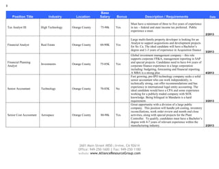 8
2601 Main Street #850 | Irvine, CA 92614
Office: 949-250-1600 | Fax: 949-250-1180
website: www.AllianceResourceGroup.com
Position Title Industry Location
Base
Salary Bonus Description / Requirements Date
Tax Analyst III High Technology Orange County 75-90k Yes
Must have a minimum of three to five years of experience
in tax – federal and state income tax preferred. Public
experience a must.
2/2013
Financial Analyst Real Estate Orange County 60-90K Yes
Large multi-family property developer is looking for an
Analyst to support acquisitions and development projects
for So. Ca. The ideal candidate will have a Bachelor’s
degree and 1-3 years of experience in Acquisition finance
3/2013
Financial Planning
Analyst
Investments Orange County 75-85K Yes
Global investment management company – this role
supports corporate FP&A, management reporting in SAP
and special projects. Candidates need to have 4-6 years of
corporate finance experience in a large corporation
including: budgeting, forecasting and financial reporting.
A MBA is a strong plus 4/2013
Senior Accountant Technology Orange County 70-85K No
Fast growing, pre-IPO technology company seeks a solid
senior accountant who can work independently, is
technically strong, can offer recommendations and has
experience in international legal entity accounting. The
ideal candidate would have a CPA and some experience
working for a publicly traded company with SOX
knowledge. Being bilingual in Mandarin is a hard
requirement. 3/2013
Senior Cost Accountant Aerospace Orange County 80-90k Yes
Great opportunity with a division of a large public
company. This position will handle job costing, inventory
reconciliations, work order review and month end close
activities, along with special projects for the Plant
Controller. To qualify, candidates must have a Bachelor’s
degree with 4-7 years of relevant experience within the
manufacturing industry. 2/2013
 