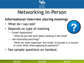 Networking In-Person
Informational interview (during meeting)
• What do I say/ask?
• Depends on type of meeting
– Career exploration?
“What do you like most about working in this field?
– Job/internship searching?”
“What are some important "key words" to include in a resume
or cover letter when applying to positions?”
• See sample questions on handout
 