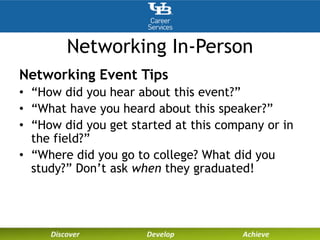 Networking In-Person
Networking Event Tips
• “How did you hear about this event?”
• “What have you heard about this speaker?”
• “How did you get started at this company or in
the field?”
• “Where did you go to college? What did you
study?” Don’t ask when they graduated!
 