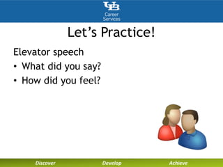 Let’s Practice!
Elevator speech
• What did you say?
• How did you feel?
 