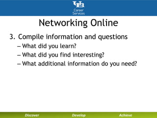 Networking Online
3. Compile information and questions
– What did you learn?
– What did you find interesting?
– What additional information do you need?
 