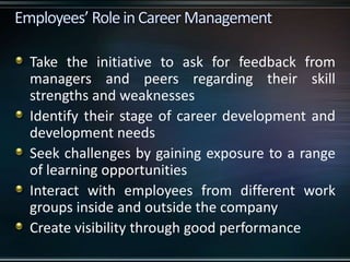 Take the initiative to ask for feedback from
managers and peers regarding their skill
strengths and weaknesses
Identify their stage of career development and
development needs
Seek challenges by gaining exposure to a range
of learning opportunities
Interact with employees from different work
groups inside and outside the company
Create visibility through good performance
 