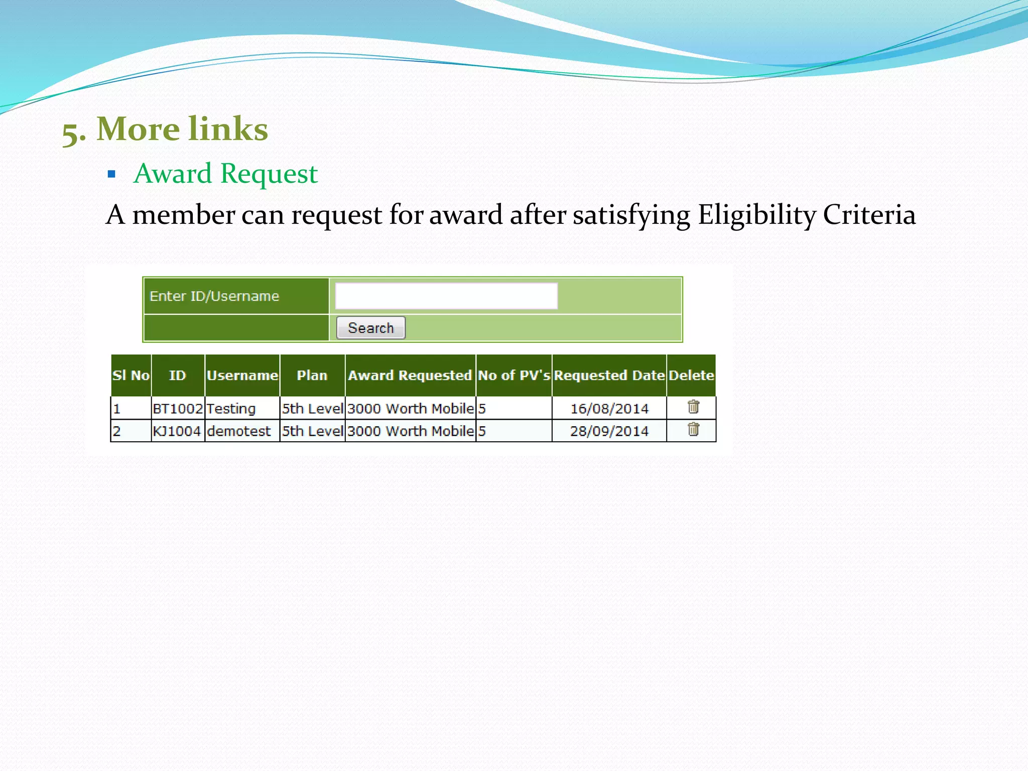 5. More links
 Award Request
A member can request for award after satisfying Eligibility Criteria
 