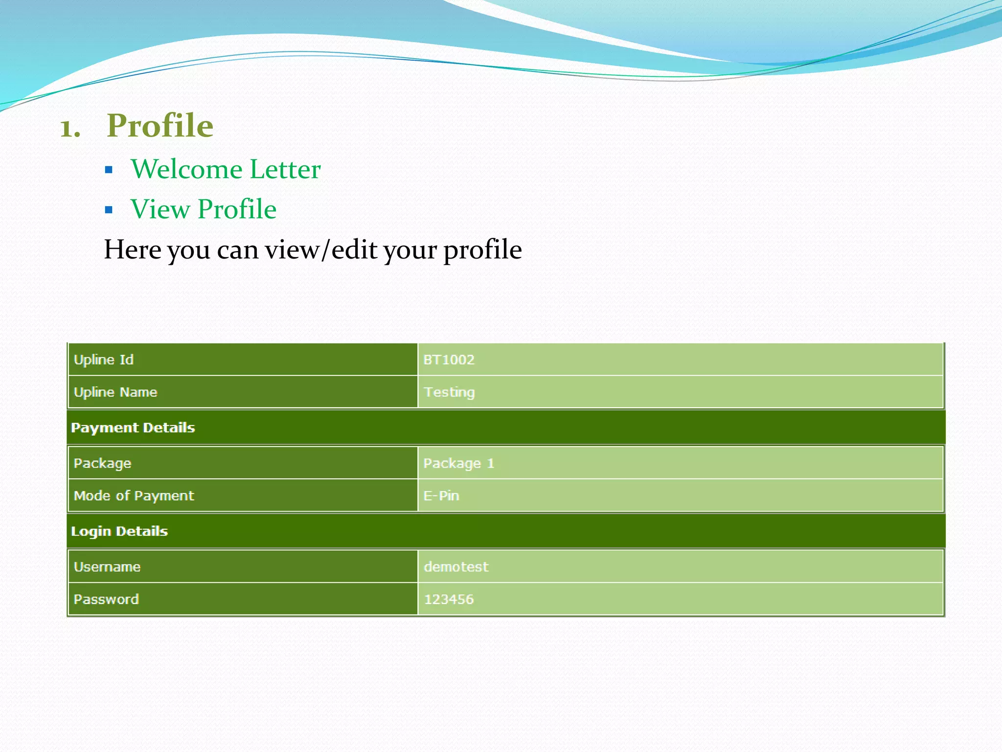 1. Profile
 Welcome Letter
 View Profile
Here you can view/edit your profile
 