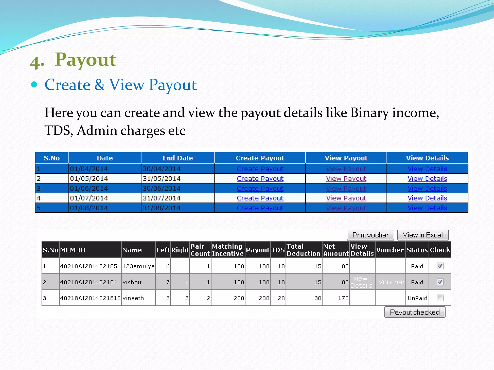 4. Payout
 Create & View Payout
Here you can create and view the payout details like Binary income,
TDS, Admin charges etc
 