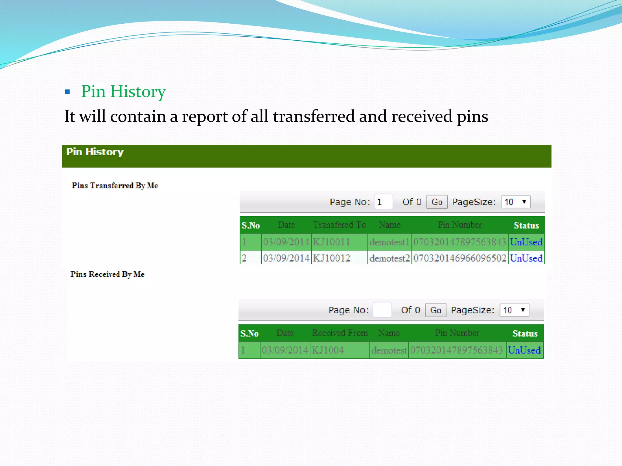  Pin History
It will contain a report of all transferred and received pins
 