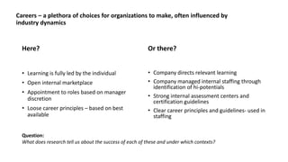 Careers – a plethora of choices for organizations to make, often influenced by
industry dynamics
Here?
• Learning is fully led by the individual
• Open internal marketplace
• Appointment to roles based on manager
discretion
• Loose career principles – based on best
available
Or there?
• Company directs relevant learning
• Company managed internal staffing through
identification of hi-potentials
• Strong internal assessment centers and
certification guidelines
• Clear career principles and guidelines- used in
staffing
Question:
What does research tell us about the success of each of these and under which contexts?
 