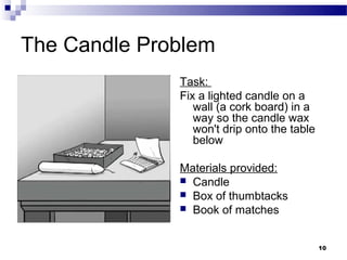 The Candle Problem
              Task:
              Fix a lighted candle on a
                 wall (a cork board) in a
                 way so the candle wax
                 won't drip onto the table
                 below

              Materials provided:
               Candle
               Box of thumbtacks
               Book of matches



                                             10
 