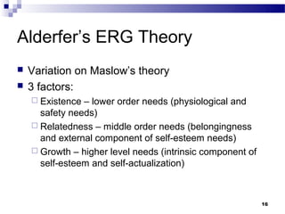 Alderfer’s ERG Theory
   Variation on Maslow’s theory
   3 factors:
     Existence – lower order needs (physiological and
      safety needs)
     Relatedness – middle order needs (belongingness
      and external component of self-esteem needs)
     Growth – higher level needs (intrinsic component of
      self-esteem and self-actualization)



                                                            16
 