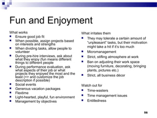 Fun and Enjoyment
What works                                  What irritates them
 Ensure good job fit
                                             They may tolerate a certain amount of
 When possible, assign projects based
  on interests and strengths                  “unpleasant” tasks, but their motivation
 When dividing tasks, allow people to        might take a hit if it’s too much
  volunteer                                  Micromanagement
 During pre-hire interviews, ask about      Strict, stifling atmosphere at work
  what they enjoy (fun means different
                                             Ban on adjusting their work space
  things to different people
 During performance evaluation, ask          (moving furniture, decorating, bringing
  what aspects of their job or what           plants, pictures etc.)
  projects they enjoyed the most and the     Strict, all business décor
  least (=> and customize the job
  description if possible)
 Social events
                                            Watch out for
 Generous vacation packages
                                             Time-wasters
 Flextime
                                             Time management issues
 Light-hearted, playful, fun environment
 Management by objectives                   Entitledness



                                                                                    56
 