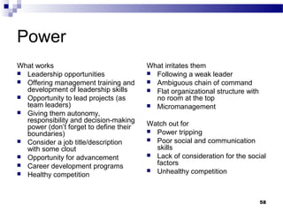 Power
What works                              What irritates them
 Leadership opportunities               Following a weak leader
 Offering management training and       Ambiguous chain of command
  development of leadership skills       Flat organizational structure with
 Opportunity to lead projects (as        no room at the top
  team leaders)                          Micromanagement
 Giving them autonomy,
  responsibility and decision-making    Watch out for
  power (don’t forget to define their
                                         Power tripping
  boundaries)
 Consider a job title/description       Poor social and communication
  with some clout                         skills
 Opportunity for advancement            Lack of consideration for the social
 Career development programs             factors
                                         Unhealthy competition
 Healthy competition




                                                                               58
 