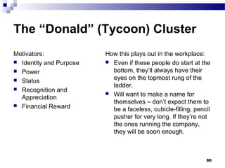 The “Donald” (Tycoon) Cluster
Motivators:              How this plays out in the workplace:
 Identity and Purpose    Even if these people do start at the
 Power                    bottom, they’ll always have their
 Status                   eyes on the topmost rung of the
                           ladder.
 Recognition and
                          Will want to make a name for
  Appreciation
                           themselves – don’t expect them to
 Financial Reward
                           be a faceless, cubicle-filling, pencil
                           pusher for very long. If they’re not
                           the ones running the company,
                           they will be soon enough.



                                                               80
 