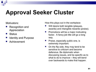 Approval Seeker Cluster
Motivators:              How this plays out in the workplace:
                          Will desire both tangible (plaques,
 Recognition and
                           awards) and intangible rewards (praise).
  Appreciation
                          Promotions will be a major motivating
 Status
                           factor. A fancy job title will go a long
 Identity and Purpose     way.
                          Praise, especially public one, is
 Achievement
                           extremely important.
                          On the flip side, they may tend to be
                           sensitive to criticism and become
                           defensive. Be diplomatic when
                           discussing issues, and be specific as to
                           what to do to improve – they will bend
                           over backwards to make that happen.


                                                                  81
 