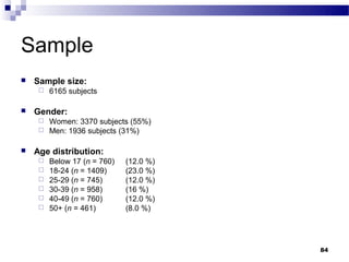 Sample
   Sample size:
        6165 subjects

   Gender:
      Women: 3370 subjects (55%)
      Men: 1936 subjects (31%)


   Age distribution:
        Below 17 (n = 760)   (12.0 %)
        18-24 (n = 1409)     (23.0 %)
        25-29 (n = 745)      (12.0 %)
        30-39 (n = 958)      (16 %)
        40-49 (n = 760)      (12.0 %)
        50+ (n = 461)        (8.0 %)




                                         84
 