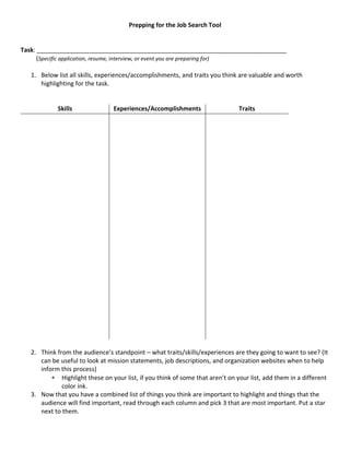 Prepping for the Job Search Tool
Task: _________________________________________________________________________
(Specific application, resume, interview, or event you are preparing for)
1. Below list all skills, experiences/accomplishments, and traits you think are valuable and worth
highlighting for the task.
Skills Experiences/Accomplishments Traits
2. Think from the audience’s standpoint – what traits/skills/experiences are they going to want to see? (It
can be useful to look at mission statements, job descriptions, and organization websites when to help
inform this process)
Highlight these on your list, if you think of some that aren’t on your list, add them in a different
color ink.
3. Now that you have a combined list of things you think are important to highlight and things that the
audience will find important, read through each column and pick 3 that are most important. Put a star
next to them.
 