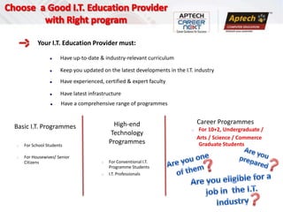 Your I.T. Education Provider must:

                     Have up-to-date & industry-relevant curriculum

                     Keep you updated on the latest developments in the I.T. industry
                     Have experienced, certified & expert faculty

                     Have latest infrastructure
                     Have a comprehensive range of programmes


                                             High-end                           Career Programmes
Basic I.T. Programmes                                                           For 10+2, Undergraduate /
                                            Technology
                                                                                Arts / Science / Commerce
   For School Students
                                           Programmes                            Graduate Students

   For Housewives/ Senior
    Citizens                              For Conventional I.T.
                                           Programme Students
                                          I.T. Professionals
 