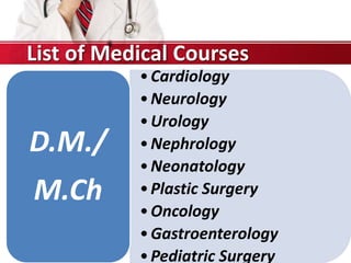 •Cardiology
•Neurology
•Urology
•Nephrology
•Neonatology
•Plastic Surgery
•Oncology
•Gastroenterology
•Pediatric Surgery
D.M./
M.Ch
List of Medical Courses
 