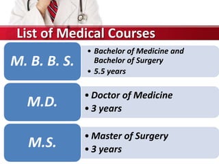 List of Medical Courses
• Bachelor of Medicine and
Bachelor of Surgery
• 5.5 years
M. B. B. S.
• Doctor of Medicine
• 3 years
M.D.
• Master of Surgery
• 3 years
M.S.
 