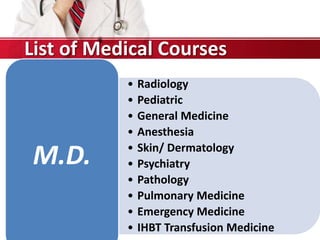 List of Medical Courses
• Radiology
• Pediatric
• General Medicine
• Anesthesia
• Skin/ Dermatology
• Psychiatry
• Pathology
• Pulmonary Medicine
• Emergency Medicine
• IHBT Transfusion Medicine
M.D.
 