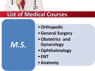 •Orthopedic
•General Surgery
•Obstetrics and
Gynecology
•Ophthalmology
•ENT
•Anatomy
M.S.
List of Medical Courses
 