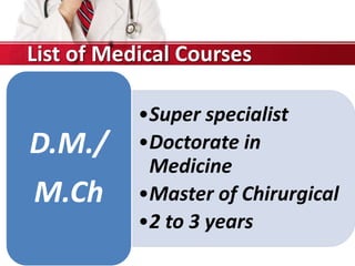 •Super specialist
•Doctorate in
Medicine
•Master of Chirurgical
•2 to 3 years
D.M./
M.Ch
List of Medical Courses
 