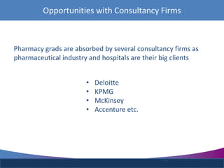 Opportunities with Consultancy Firms
Pharmacy grads are absorbed by several consultancy firms as
pharmaceutical industry a...