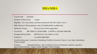 BBA/MBA
• Course Level Graduate
• Duration of the Course 3 years
• Eligibility:- 10+2 any stream commerce preferred with 50% marks in 10+2
• MBA: Minimum 50% graduation with CAT/AIMA/GMAT qualified test
• Admission Process Direct on line/ off line application
• Course Fee INR 70000 to 5,00,000 (BBA) . 1,00,000 to 20,00,000 (MBA IIM)
• Average Starting Salary INR Minimum 6 lac higher no limit
• Profession A qualified BBA/MBA
• Top Recruiting areas : Investment, Marketing, Portfolio, Accounts, Finance , Cost, Sales, Advertising ,
Finance analyst
• Positions : Manager/Director- sales marketing, Finance, Investment, publicity, operation,
general administration, Logistic, Retail manager/ Hotel manager/
 