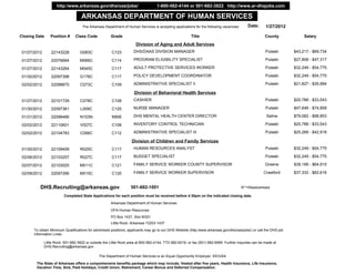 http:/www.arkansas.gov/dhs/oas/jobs/                           1-800-562-4144 or 501-682-3922 http://www.ar-dhsjobs.com

                                     ARKANSAS DEPARTMENT OF HUMAN SERVICES
                                     The Arkansas Department of Human Services is accepting applications for the following vacancies:       Date:      1/27/2012

Closing Date      Position #     Class Code            Grade                                             Title                                         County            Salary

                                                                       Division of Aging and Adult Services
 01/27/2012       22143228          G083C               C123         DHS/DAAS DIVISION MANAGER                                                         Pulaski      $43,217 - $69,734

 01/27/2012       22076664          M066C               C114         PROGRAM ELIGIBILITY SPECIALIST                                                    Pulaski      $27,858 - $47,317

 01/27/2012       22143264          M045C               C117         ADULT PROTECTIVE SERVICES WORKER                                                  Pulaski      $32,249 - $54,775

 01/30/2012       22097398          G178C               C117         POLICY DEVELOPMENT COORDINATOR                                                    Pulaski      $32,249 - $54,775

 02/02/2012       22098870          C073C               C109         ADMINISTRATIVE SPECIALIST II                                                      Pulaski      $21,827 - $35,684

                                                                      Division of Behavioral Health Services
 01/27/2012       22101729          C078C               C108         CASHIER                                                                           Pulaski      $20,788 - $33,543

 01/30/2012       22097361          L009C               C125         NURSE MANAGER                                                                     Pulaski      $47,646 - $74,858

 01/31/2012       22098466          N103N               N906         DHS MENTAL HEALTH CENTER DIRECTOR                                                 Saline       $79,082 - $98,853

 02/02/2012       22110601          V027C               C108         INVENTORY CONTROL TECHNICIAN                                                      Pulaski      $20,788 - $33,543

 02/02/2012       22104783          C056C               C112         ADMINISTRATIVE SPECIALIST III                                                     Pulaski      $25,268 - $42,918

                                                                    Division of Children and Family Services
 01/30/2012       22109409          R025C               C117         HUMAN RESOURCES ANALYST                                                           Pulaski      $32,249 - $54,775

 02/06/2012       22103257          R027C               C117         BUDGET SPECIALIST                                                                 Pulaski      $32,249 - $54,775

 02/07/2012       22103025          M011C               C121         FAMILY SERVICE WORKER COUNTY SUPERVISOR                                           Greene       $39,199 - $64,915

 02/09/2012       22097266          M015C               C120         FAMILY SERVICE WORKER SUPERVISOR                                                 Crawford      $37,332 - $62,616


          DHS.Recruiting@arkansas.gov                              501-682-1001                                                         R**=Readvertised

                          Completed State Applications for each position must be received before 4:30pm on the indicated closing date.

                                                       Arkansas Department of Human Services
                                                       OFA-Human Resources
                                                       PO Box 1437, Slot W301
                                                       Little Rock, Arkansas 72203-1437
       To obtain Minimum Qualifications for advertised positions, applicants may go to our DHS Website (http:/www.arkansas.gov/dhs/oas/jobs/) or call the DHS job
       information Lines:

              Little Rock: 501-682-3922 or outside the Little Rock area at 800-562-4144; TTD 682-6216, or fax (501) 682-6569. Further inquiries can be made at
              DHS.Recruiting@arkansas.gov

                                                The Department of Human Services is an Equal Opportunity Employer. EEO/AA

        The State of Arkansas offers a comprehensive benefits package which may include; Vested after five years, Health Insurance, Life Insurance,
        Vacation Time, Sick, Paid Holidays, Credit Union, Retirement, Career Bonus and Deferred Compensation.
 