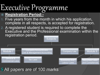 Executive Programme
 Registration Period:-
1. Five years from the month in which his application,
complete in all respects, is accepted for registration.
2. A registered student is required to complete the
Executive and the Professional examination within the
registration period.
Subjects
Module IIModule I
General &
Commercial Laws
Company Accounts and
Cost & Management Accounting
Tax Laws
Company Law
Economic And
Labour Laws
Securities Laws
and Compliances
$ All papers are of 100 marks
 