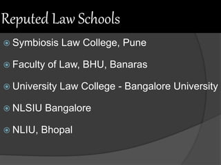 Reputed Law Schools
 Symbiosis Law College, Pune
 Faculty of Law, BHU, Banaras
 University Law College - Bangalore University
 NLSIU Bangalore
 NLIU, Bhopal
 