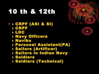 10 th & 12th
• › CRPF (ASI & SI)
› CRPF
› LDC
› Navy Officers
› Naviks
› Personal Assistant(PA)
› Sailors (Artificer)
› Sailors in Indian Navy
› Soldiers
› Soldiers (Technical)
 