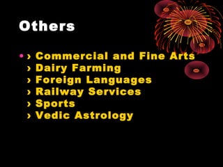 Others
• › Commercial and Fine Arts
› Dairy Farming
› Foreign Languages
› Railway Services
› Sports
› Vedic Astrology
 