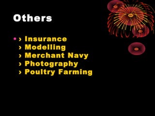 Others
• › Insurance
› Modelling
› Merchant Navy
› Photography
› Poultry Farming
 