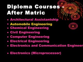 Diploma Courses -
After Matric  
• Architectural Assistantship
• Automobile Engineering
• Chemical Engineering
• Civil Engineering
• Computer Engineering
• Electrical Engineering
• Electronics and Communication Engineeri
• Electronics (Microprocessor)
 