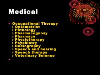 Medical
• Occupational Therapy
› Optometrist
› Pathology
› Pharmacognosy
› Pharmacy
› Physiotherapy
› Psychiatry
› Radiography
› Speech and hearing
› Speech therapy
› Veterinary Science
•
 
