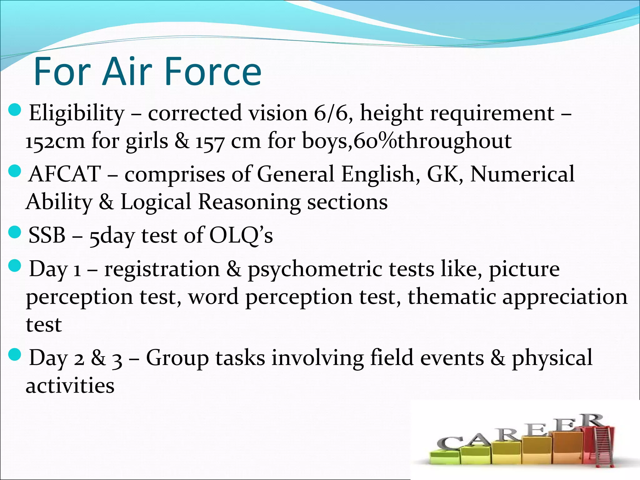 For Air Force
Eligibility – corrected vision 6/6, height requirement –
152cm for girls & 157 cm for boys,60%throughout
AFCAT – comprises of General English, GK, Numerical
Ability & Logical Reasoning sections
SSB – 5day test of OLQ’s
Day 1 – registration & psychometric tests like, picture
perception test, word perception test, thematic appreciation
test
Day 2 & 3 – Group tasks involving field events & physical
activities
 