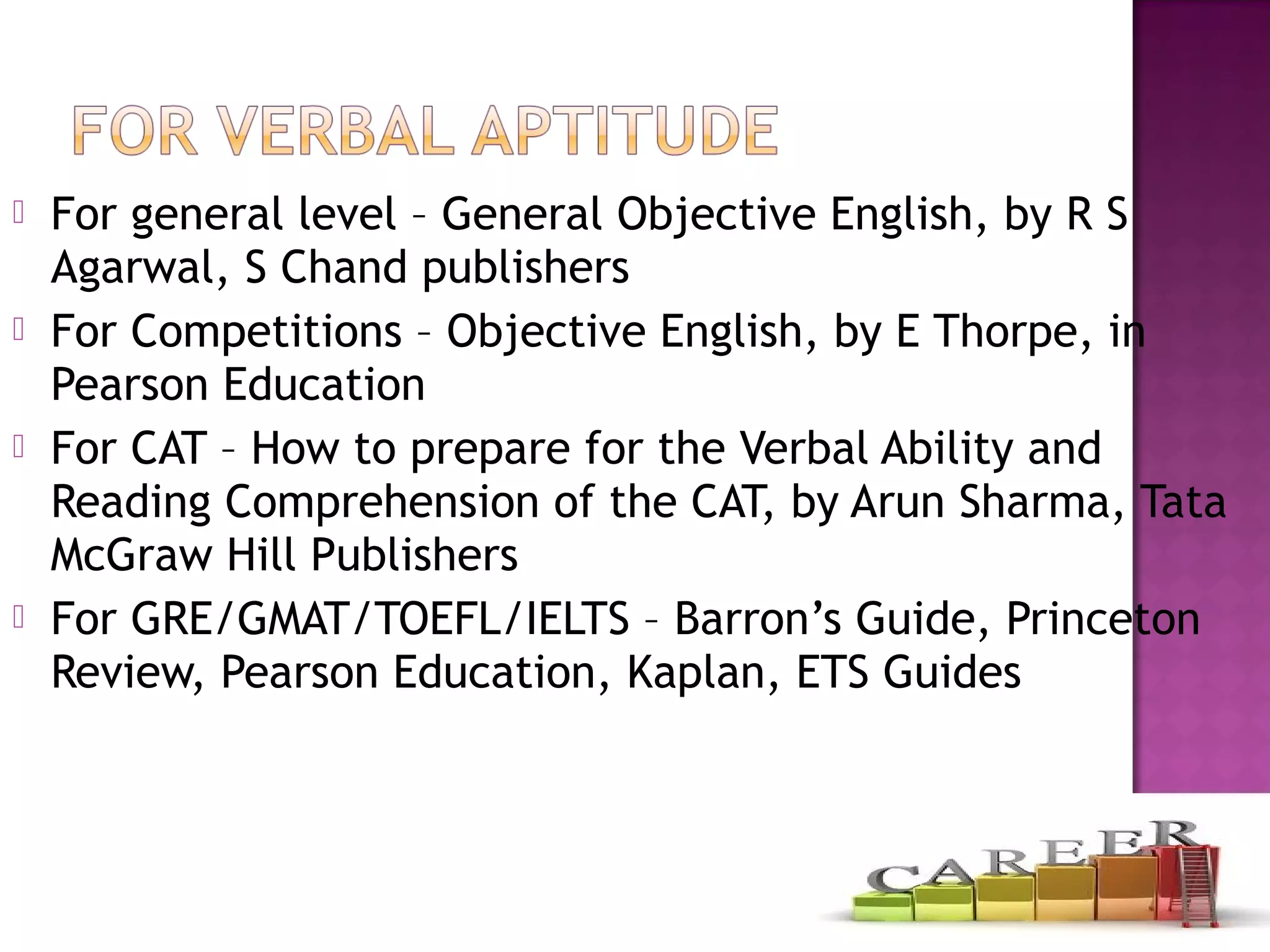  For general level – General Objective English, by R S
Agarwal, S Chand publishers
 For Competitions – Objective English, by E Thorpe, in
Pearson Education
 For CAT – How to prepare for the Verbal Ability and
Reading Comprehension of the CAT, by Arun Sharma, Tata
McGraw Hill Publishers
 For GRE/GMAT/TOEFL/IELTS – Barron’s Guide, Princeton
Review, Pearson Education, Kaplan, ETS Guides
 