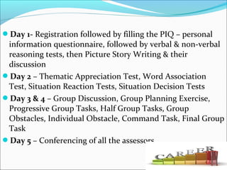 Day 1- Registration followed by filling the PIQ – personal
information questionnaire, followed by verbal & non-verbal
reasoning tests, then Picture Story Writing & their
discussion
Day 2 – Thematic Appreciation Test, Word Association
Test, Situation Reaction Tests, Situation Decision Tests
Day 3 & 4 – Group Discussion, Group Planning Exercise,
Progressive Group Tasks, Half Group Tasks, Group
Obstacles, Individual Obstacle, Command Task, Final Group
Task
Day 5 – Conferencing of all the assessors
 