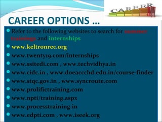 CAREER OPTIONS …
Refer to the following websites to search for summer
trainings and internships
www.keltronrec.org
www.twenty19.com/internships
www.ssitedi.com , www.techvidhya.in
www.cidc.in , www.doeaccchd.edu.in/course-finder
www.stqc.gov.in , www.syncroute.com
www.prolifictraining.com
www.npti/training.aspx
www.processtraining.in
www.edpti.com , www.iseek.org
 