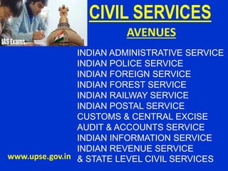 AVENUES
INDIAN ADMINISTRATIVE SERVICE
INDIAN POLICE SERVICE
INDIAN FOREIGN SERVICE
INDIAN FOREST SERVICE
INDIAN RAILWAY SERVICE
INDIAN POSTAL SERVICE
CUSTOMS & CENTRAL EXCISE
AUDIT & ACCOUNTS SERVICE
INDIAN INFORMATION SERVICE
INDIAN REVENUE SERVICE
& STATE LEVEL CIVIL SERVICES
CIVIL SERVICES
www.upse.gov.in
 