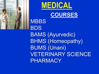 MEDICAL
COURSES
MBBS
BDS
BAMS (Ayurvedic)
BHMS (Homeopathy)
BUMS (Unani)
VETERINARY SCIENCE
PHARMACY
 