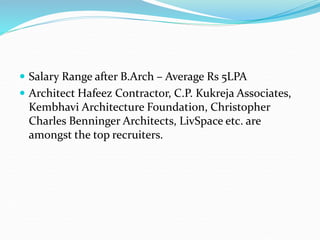  Salary Range after B.Arch – Average Rs 5LPA
 Architect Hafeez Contractor, C.P. Kukreja Associates,
Kembhavi Architecture Foundation, Christopher
Charles Benninger Architects, LivSpace etc. are
amongst the top recruiters.
 