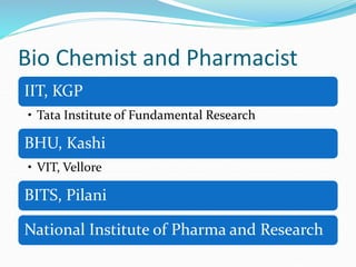 Bio Chemist and Pharmacist
IIT, KGP
• Tata Institute of Fundamental Research
BHU, Kashi
• VIT, Vellore
BITS, Pilani
National Institute of Pharma and Research
 