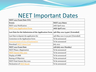 NEET Important Dates
NEET 2022 Exam Date (UG)
Events NEET 2022 Dates
NEET 2022 Notification 06th April 2022
NEET 2022 Application Form 06th April 2022
Last Date for the Submission of the Application Form 15th May 2022 (9 pm) [Extended]
Last Date to deposit the application fee 15th May 2022 (11:50 pm) [Extended]
Correction in the Application Form To be announced
Announcement of City of Examination To be announced
Download NEET Admit Card July 2022
NEET 2022 Exam Date 17th July 2022 (Sunday)
NEET Phase 2 Registration To be announced
NEET Answer Key 2022 To be announced
Display of OMR To be announced
Raising of Objection To be announced
NEET Final Answer Key 2022 To be announced
Declaration of NEET Result To be announced
 