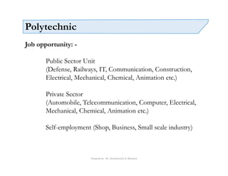 Prepared by - Mr. Roshankumar B. Bhamare
Polytechnic
Job opportunity: -
Public Sector Unit
(Defense, Railways, IT, Communication, Construction,
Electrical, Mechanical, Chemical, Animation etc.)
Private Sector
(Automobile, Telecommunication, Computer, Electrical,
Mechanical, Chemical, Animation etc.)
Self-employment (Shop, Business, Small scale industry)
 