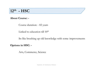 Prepared by - Mr. Roshankumar B. Bhamare
12th - HSC
About Course: -
Course duration: - 02 years
Linked to education till 10th
Its like brushing up old knowledge with some improvements
Options in HSC: -
Arts, Commerce, Science
 