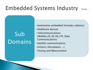 •Automotive embedded (Includes robotics)
•Healthcare devices
•Telecommunications
(Mobiles,2G,3G,4G,LTE, Data
Communications)
•Satellite communications
•Avionics (Aeroplanes ...)
•Testing and Measurement
Sub
Domains
 
